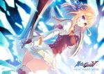  blonde_hair blue_eyes breasts gloves hair_ornament highres long_hair looking_at_viewer medium_breasts panties pyrrha_alexandra shield skirt solo soulcalibur soulcalibur_v sword tel-o thighhighs underwear wallpaper weapon 