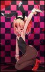  ;p animal_ears arm_up armpits bare_shoulders blonde_hair bunny_ears bunnysuit checkered checkered_background checkered_floor flat_chest hair_ribbon highres looking_at_viewer one_eye_closed pantyhose red_eyes ribbon rumia shamo_(koumakantv) short_hair tongue tongue_out touhou wrist_cuffs 