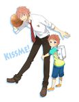  backpack bag basket blush brothers character_name free! height_difference highres hug leg_cling leg_hug male_focus multiple_boys necktie open_mouth pink_hair pun purple_eyes school_uniform shigino_hayato shigino_kisumi siblings smile ume_(326310) 