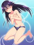  bare_legs barefoot bespectacled blush covering covering_breasts full_body glasses highres kuroki_rei long_hair michairu navel panties purple_eyes purple_hair red-framed_eyewear solo sweatdrop topless underwear vividred_operation 