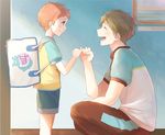  backpack bag blush brown_hair closed_eyes free! kana_(okitasougo222) male_focus multiple_boys pink_hair pinky_swear purple_eyes shigino_hayato shorts smile squatting tachibana_makoto 