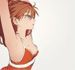  armpits arms_up bare_shoulders blue_eyes breasts brown_hair camisole covered_nipples jpeg_artifacts long_hair mebae neon_genesis_evangelion open_mouth simple_background small_breasts solo souryuu_asuka_langley upper_body 