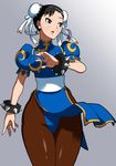  black_hair bracelet breasts bun_cover china_dress chinese_clothes chun-li double_bun dress earrings jewelry k_kokyo10 large_breasts pantyhose pelvic_curtain puffy_short_sleeves puffy_sleeves sash short_hair short_sleeves solo spiked_bracelet spikes street_fighter 