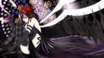  akemi_homura akuma_homura argyle argyle_legwear bare_shoulders black_gloves black_hair bow choker dress elbow_gloves feathered_wings gloves hair_bow highres long_hair looking_at_viewer mahou_shoujo_madoka_magica mahou_shoujo_madoka_magica_movie purple_eyes signature sitting smile solo spoilers thighhighs thighs very_long_hair wings 