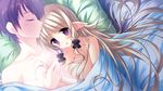  1girl bed blonde_hair blush breasts collarbone eyes_closed game_cg julia_lin_road long_hair magical_marriage_lunatics!! nipples nude pillow pointy_ears purple_eyes yamakaze_ran 