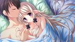  1girl bed blonde_hair blush breasts collarbone eyes_closed game_cg julia_lin_road long_hair magical_marriage_lunatics!! nipples nude pillow pointy_ears purple_eyes yamakaze_ran 