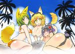  animal_ears ass bikini black_hair blonde_hair breasts character_request cleavage day fish flower fox_ears fox_tail goggles goggles_on_head graz green_eyes green_hair hair_flower hair_ornament hibiscus large_breasts looking_at_viewer multicolored_hair multiple_girls orange_bikini orange_eyes palm_tree polka_dot polka_dot_bikini polka_dot_swimsuit purple_eyes purple_hair sengoku_collection sideboob smile swimsuit tail tree two-tone_hair underboob white_bikini 