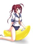  atsushima_you banana_boat i-168_(kantai_collection) kantai_collection long_hair ponytail red_eyes red_hair riding school_swimsuit school_uniform serafuku swimsuit swimsuit_under_clothes 