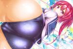  ass cameltoe cyanomirahi from_behind hair_ribbon highres i-168_(kantai_collection) kantai_collection long_hair one-piece_swimsuit ponytail red_eyes red_hair ribbon school_swimsuit school_uniform shiny shiny_clothes solo swimsuit swimsuit_under_clothes wet 