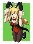  animal_ears blonde_hair bow bowtie breasts bunny_ears bunnysuit cleavage detached_collar green_eyes hoshii_miki idolmaster idolmaster_(classic) lielos long_hair medium_breasts one_eye_closed pantyhose vest wrist_cuffs 