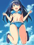  :d bikini blue blue_bikini blue_eyes blue_hair blush bow bow_bikini clenched_hands cloud day frilled_bikini frilled_swimsuit frills futaba_aoi_(vividred_operation) hairband highres jumping long_hair michairu midriff navel open_mouth shiny shiny_clothes sketch sky smile solo summer swimsuit vividred_operation w_arms 