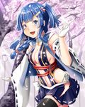  :d bad_id bad_pixiv_id black_legwear blue_eyes blue_hair braid breasts cherry_blossoms detached_sleeves gloves hair_bobbles hair_ornament hair_ribbon jikuu_no_umi_no_historica john_manjirou kuro-hero large_breasts long_hair looking_at_viewer navel official_art open_mouth petals pleated_skirt ribbon ribbon-trimmed_sleeves ribbon_trim single_braid skirt smile solo thighhighs white_gloves wide_sleeves zettai_ryouiki 