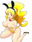  1girl animal_ears areola_slip areolae bare_shoulders blonde_hair breast_hold breasts bunny_ears bunny_girl bunny_tail bunnysuit cure_honey female hair_ornament happinesscharge_precure! high_heels highleg highres large_breasts long_hair oomori_yuuko open_mouth precure shoes simple_background sitting solo tail tof white_background yellow_eyes 