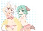  animal_ears bikini blush breasts fang green_eyes green_hair highres inubashiri_momiji kasodani_kyouko medium_breasts multiple_girls navel open_mouth red_eyes shino_megumi short_hair smile swimsuit tail touhou white_hair wolf_ears wolf_tail 