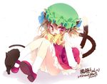  animal_ears brown_hair cat cat_ears cat_tail chen full_body hat looking_at_viewer mary_janes mitaonsha mob_cap multiple_tails nekomata panties red_eyes shoes short_hair simple_background sitting solo_focus tail touhou two_tails underwear white_background white_legwear white_panties 