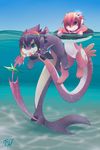  ambiguous_gender anthro bite blue_eyes cyan_eyes dragon fish hair hairpin inner_tube mako_(rudragon) marine pink_hair purple_hair ru_(rudragon) rudragon sea shark swimming water 