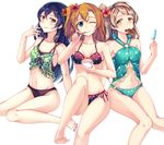  3girls :t barefoot bikini blue_bikini blue_eyes blue_hair blue_nails breasts brown_hair cleavage flower green_bikini hair_flower hair_ornament hibiscus ikayaki kalian kousaka_honoka love_live! love_live!_school_idol_project medium_breasts minami_kotori multiple_girls nail_polish navel o-ring o-ring_bikini polka_dot polka_dot_bikini polka_dot_swimsuit print_bikini purple_bikini shaved_ice side-tie_bikini simple_background sitting small_breasts smile sonoda_umi squid star star_print swimsuit toenail_polish toes wariza white_background yellow_eyes 