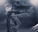  bangs blue closed_mouth cloud emiya_shirou fate/stay_night fate_(series) floating_hair frown greyscale homurahara_academy_uniform long_hair long_sleeves looking_at_viewer monochrome out_of_frame outdoors scarf school_uniform sky solo_focus taa_(acid) upper_body walking 