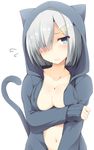  alternate_costume animal_hood blue_eyes blush breasts cat_hood cat_tail cleavage hair_ornament hair_over_one_eye hairclip hamakaze_(kantai_collection) hood hoodie kantai_collection large_breasts looking_at_viewer nagami_yuu naked_hoodie navel short_hair silver_hair simple_background solo tail white_background 