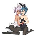  alternate_hairstyle animal_ears bare_shoulders black_legwear blue_eyes blue_hair blush breasts bunny_ears bunny_girl bunny_tail bunnysuit dark_skin detached_collar fishnets heterochromia holding_hands interlocked_fingers kitano_(kitanosnowwhite) large_breasts looking_at_viewer multiple_girls open_mouth pantyhose personification ponytail purple_hair red_eyes short_hair simple_background sitting smile tail tatara_kogasa tatara_kogasa_(umbrella) touhou twintails wariza white_background wrist_cuffs 