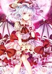  ascot bad_id bad_pixiv_id flower frilled_skirt frills full_moon hat head_tilt jaku_sono looking_at_viewer mob_cap moon pointy_ears red_eyes remilia_scarlet rose silver_hair sitting skirt smile solo touhou wrist_cuffs 