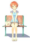  absurdres alternate_hairstyle bag bench between_legs blush byte_(allbyte) casual flip-flops full_body green_eyes hand_between_legs handbag highres hoshizora_rin jewelry legs love_live! love_live!_school_idol_project necklace orange_hair pleated_skirt sandals shadow short_hair sitting skirt smile solo v_arms white_background 