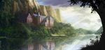  cliff cloud lake landscape light_rays mansion matsura_ichirou misty_lake nature no_humans reflection scarlet_devil_mansion scenery sunbeam sunlight touhou tree water 