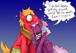  &lt;3 2014 big_macintosh_(mlp) blonde_hair blush cheerilee_(mlp) cutie_mark dialog drunk duo earth_pony english_text equine eyes_closed female freckles friendship_is_magic hair horse hug male mammal my_little_pony pink_hair pony scarf sitting susiebeeca text two_tone_hair 