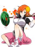  asymmetrical_bangs bangs bloomers blue_eyes breasts character_name cleavage_cutout fingerless_gloves food foreshortening fruit full_body gloves grin hair_over_one_eye holding large_breasts looking_at_viewer nora_valkyrie orange_hair pink_gloves rwby shoes short_hair siroirohituji sitting smile solo tsurime underwear watermelon white_background 