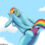  2014 absurd_res anthro anthrofied anus back_turned blue_fur blush breasts butt clothing cloud cutie_mark equine feathers female friendship_is_magic fur hair hi_res hobbsmeerkat hooves looking_at_viewer looking_back mammal multi-colored_hair my_little_pony nipples open_mouth outside panties pegasus presenting purple_eyes rainbow_dash_(mlp) rainbow_hair raised_tail solo underwear wings 