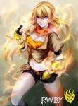  absurdres ahoge bad_id bad_pixiv_id blonde_hair breasts cleavage copyright_name fingerless_gloves fire gauntlets gloves highres large_breasts long_hair luo3554755 rwby single_thighhigh smile solo thighhighs yang_xiao_long 