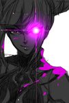  drill_hair evil_grin evil_smile glowing glowing_eye grin halter_top halterneck han_juri highres kumo_ni_notte monochrome purple_eyes smile solo spot_color street_fighter street_fighter_iv_(series) twin_drills 