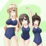  ;p blonde_hair breast_hold breasts brown_hair competition_school_swimsuit covered_navel futsuu_no_joshikousei_ga_locodol_yattemita glasses kohinata_yukari large_breasts long_hair mikoze_yui multiple_girls one-piece_swimsuit one_eye_closed open_mouth purple_eyes school_swimsuit serimura_yuito short_hair swimsuit tongue tongue_out usami_nanako 