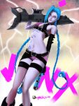  1girl blue_hair boots braid ghostcero gloves hairline highres jinx_(league_of_legends) league_of_legends lipstick long_hair makeup pink_eyes shorts single_thighhigh tattoo thighhigh thighhighs twin_braids weapon 