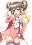  :d akizora_momiji anise_tatlin bare_shoulders black_hair bow brown_eyes doll dress gloves hair_ribbon highres ishikei_(style) long_hair open_mouth pink_dress ribbon smile solo stuffed_toy tales_of_(series) tales_of_the_abyss thighhighs tokunaga twintails waving white_gloves yellow_bow 
