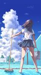  aki_(akisora_hiyori) barefoot broom brown_hair bucket cleaning_brush cloud day empty_pool from_behind highres long_hair original pool school_uniform see-through serafuku shallow_water skirt sky solo standing starting_block uniform wading water wet wet_clothes 