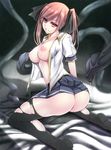  ass black_legwear blush breasts brown_hair clenched_teeth collarbone hair_ribbon kneeling large_breasts liquid long_hair looking_at_viewer nakajou nipples open_clothes red_hair ribbon skirt solo teeth tentacles thighhighs torn_clothes torn_legwear twintails 
