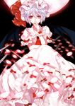  ascot bat_wings brooch dress full_moon hat hat_ribbon jewelry knife looking_at_viewer mob_cap moon night pink_dress puffy_short_sleeves puffy_sleeves red_eyes red_moon remilia_scarlet ribbon short_sleeves silver_hair sky smile solo throwing_knife tian_(my_dear) touhou weapon wings wrist_cuffs 