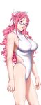  1girl breasts game_cg glasses hair_ribbon highres kusukawa_suzune large_breasts legs long_hair looking_at_viewer p/a:_potential_ability pink_eyes pink_hair ribbon sei_shoujo simple_background smile solo standing swimsuit thighs white_background 