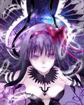 akemi_homura akuma_homura bad_id bad_pixiv_id bare_shoulders black_gloves black_hair bow choker dress elbow_gloves feathered_wings feathers gloves hair_bow long_hair looking_at_viewer mahou_shoujo_madoka_magica mahou_shoujo_madoka_magica_movie moudoku_(chaton_u) purple_eyes smile solo space spoilers wings 