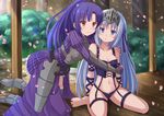  :o barefoot blue_eyes blue_hair blush breastplate breasts brown_eyes cosplay costume_switch crossover cube_x_cursed_x_curious eucliwood_hellscythe eucliwood_hellscythe_(cosplay) greaves hug kazenokaze kneeling kore_wa_zombie_desu_ka? long_hair medium_breasts multiple_girls navel petals pinstripe_pattern ponytail purple_hair sitting smile spikes striped ueno_kirika ueno_kirika_(cosplay) visor_(armor) wariza 