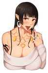  bad_id bad_pixiv_id bare_shoulders black_hair blush bra breasts cleavage earrings fangs fingernails highres huge_breasts jewelry kedama_keito long_hair looking_at_viewer necklace open_mouth original piercing red_eyes ring solo tattoo tongue tongue_out tongue_piercing underwear v 