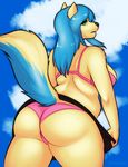  2014 anthro blue_hair breasts butt canine clothed clothing cloud female green_eyes hair long_hair mammal porin presenting presenting_hindquarters sky solo standing 