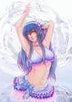  absurdres arms_up artist_name bad_id bad_pixiv_id bikini bikini_skirt blue_bikini blue_hair bow bracelet breasts cleavage collarbone contrapposto flower frilled_bikini frilled_skirt frills grey_background hair_flower hair_ornament hairband highres jewelry kuon_(kwonchanji) large_breasts light_particles lips long_hair looking_to_the_side looking_up love_live! love_live!_school_idol_project natsuiro_egao_de_1_2_jump! navel nose parted_lips pointing skirt solo sonoda_umi standing swimsuit upper_body yellow_eyes 