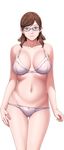  1girl bare_shoulders bra breasts brown_eyes brown_hair earrings game_cg glasses hair_ornament hairclip happy highres jewelry large_breasts legs looking_at_viewer mihara_aika navel p/a:_potential_ability panties sei_shoujo short_hair simple_background smile solo standing thighs underwear white_background 