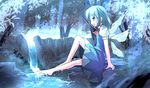  :d arm_support bare_legs barefoot blue_eyes blue_hair bow cirno hair_bow hair_ribbon highres ice ice_wings open_mouth ribbon risutaru short_hair sitting smile soaking_feet solo summer touhou water waterfall wings 