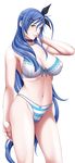  1girl blue_hair bra breasts choker game_cg hair_ribbon highres ikazaki_reia large_breasts legs long_hair looking_at_viewer navel p/a:_potential_ability panties ribbon sei_shoujo simple_background solo standing striped striped_panties thighs underwear white_background yellow_eyes 