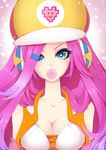  alternate_costume arcade_miss_fortune blue_eyes breasts bubble_blowing chewing_gum cleavage hat headphones heart heart-shaped_pupils karousel-k league_of_legends lips long_hair medium_breasts pink_hair sarah_fortune solo symbol-shaped_pupils 