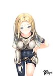  armor armored_dress artist_name bad_id bad_pixiv_id bangs bbayu blonde_hair blue_eyes bodysuit breastplate faulds gauntlets hairband hand_on_hip hand_on_thigh highres league_of_legends leaning_forward long_hair looking_at_viewer luxanna_crownguard parted_bangs skin_tight solo white_background 