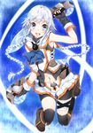  :d arm_up bad_id bad_pixiv_id black_gloves black_legwear blue_eyes braid dual_wielding gloves holding looking_at_viewer navel open_mouth original silver_hair smile solo sword thighhighs twin_braids weapon yappen 